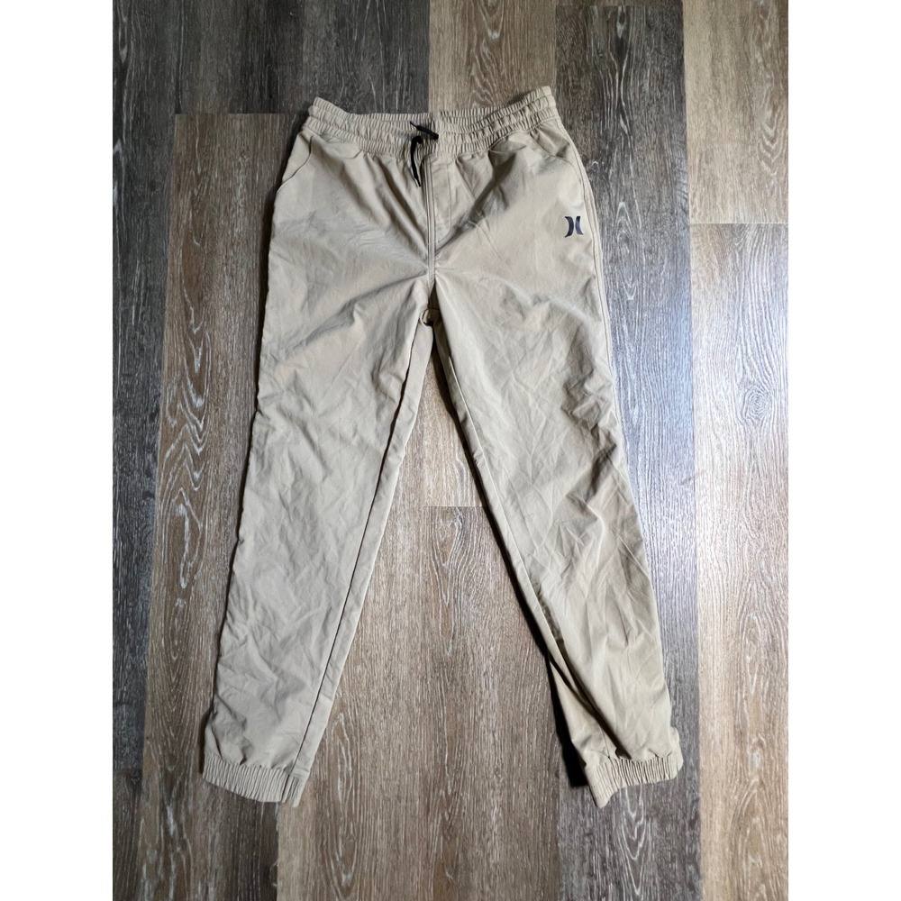 Hurley Jogger Pants Mens Large Tan Khaki Elastic Waist Drawstring Logo 3861